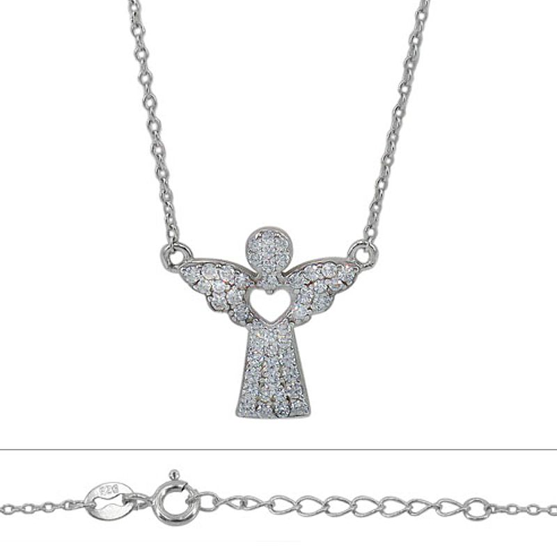 Sterling Silver Angel with CZs and Cut-out Heart Necklace - Click Image to Close